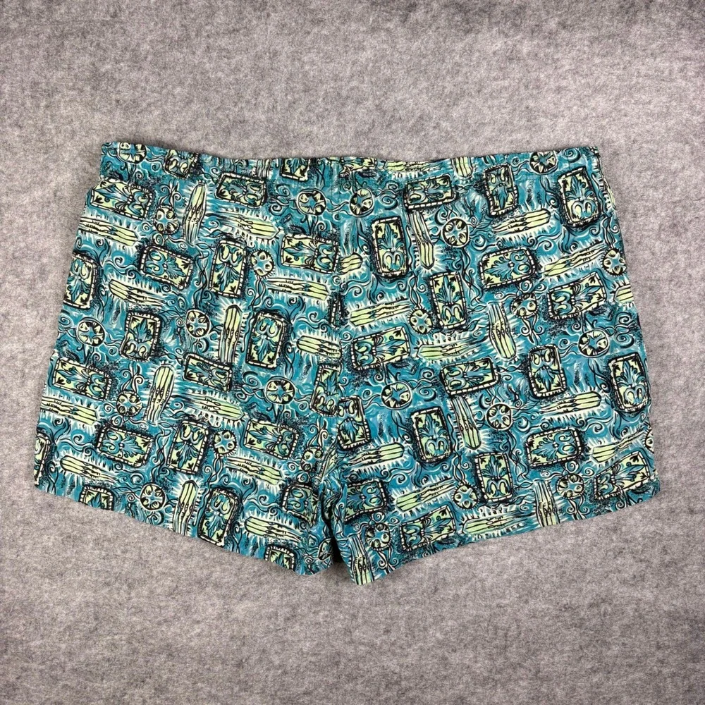 Vintage 90s Sideout Sport Tiki Surfboard Swim Trunks Teal Blue Made in USA XL